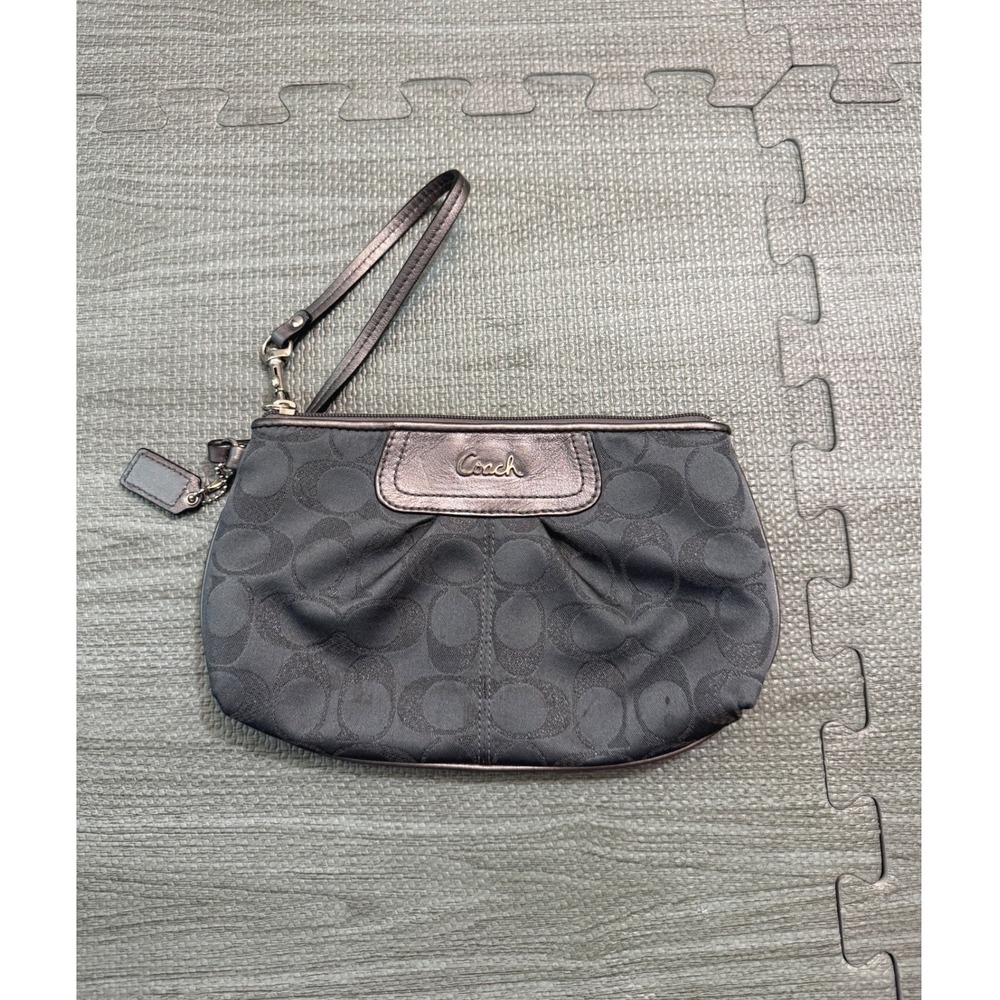 Coach Signature Wristlet Black Pewter Metallic Leather Trim Purple Lining